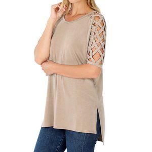COPY - CRISS-CROSS SHOULDER  HI-LOW HEM MOCHA TOP NWT